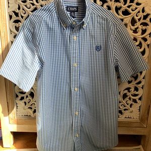 Chaps Boys Short Sleeve Shirt navy blue, light blue, and white checks. Size 10.